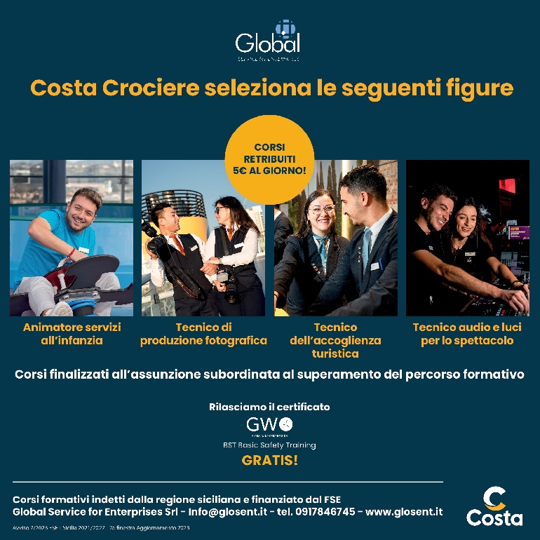 Opportunità di Formazione con Costa Crociere! – Proroga bando di selezione Allievi al 13/09/2025 - Avviso 7/2023 FSE+ Sicilia 2021/2027 - 2a finestra Aggiornamento 2025: un progetto per il rafforzamento dell’occupabilità in Sicilia