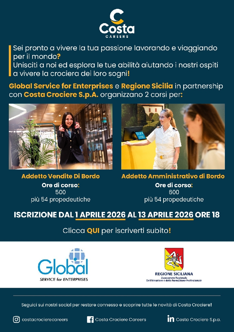 Opportunità di Formazione con Costa Crociere! Avviso POC n.1/2026 - Catalogo Regionale dell’Offerta Formativa e correlata realizzazione di percorsi formativi di qualificazione mirati al rafforzamento dell’occupabilità in Sicilia (Anno 2026)